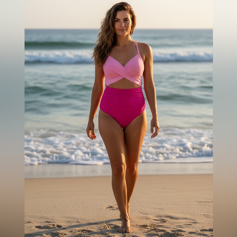 Eomenie Pink Neon Cutout One Piece Swimsuit Halter Tie Back M